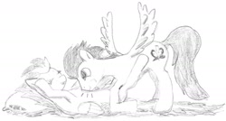 Size: 1974x1056 | Tagged: safe, artist:angina pectoris, derpibooru import, soarin', spitfire, female, laughing, male, monochrome, pillow, shipping, soarinfire, straight, traditional art, tummy buzz