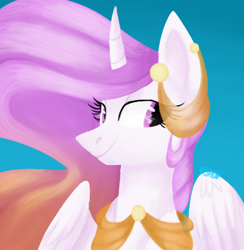 Size: 400x409 | Tagged: safe, artist:scoobert-doobert, princess celestia, alicorn, pony, bust, pink-mane celestia, portrait, sharp horn, simple background, smiling, solo, spread wings, wings