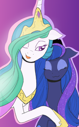 Size: 796x1280 | Tagged: safe, artist:twittershy, princess celestia, princess luna, alicorn, pony, crown, cute, eyes closed, female, floppy ears, hug, jewelry, mare, nya, open mouth, peytral, regalia, royal sisters, simple background