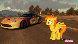 Size: 1280x720 | Tagged: safe, artist:equestianracer, derpibooru import, spitfire, pony, car, dodge (car), dodge viper, forza horizon, highway, itasha, solo, srt viper