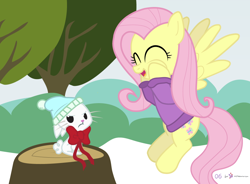 Size: 1000x735 | Tagged: safe, artist:dm29, angel bunny, fluttershy, pegasus, pony, advent calendar, bottomless, clothes, duo, holiday horse days, partial nudity, ribbon, sweater, sweatershy, wintertime