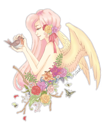 Size: 600x710 | Tagged: safe, artist:audraviolet, fluttershy, bird, human, flower, flower in hair, humanized, simple background, solo, transparent background, winged humanization