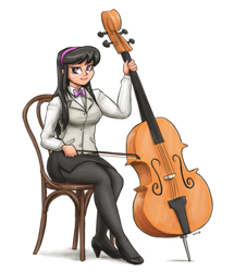 Size: 1103x1280 | Tagged: safe, artist:king-kakapo, derpibooru import, octavia melody, human, cello, chair, clothes, high heels, humanized, looking at you, musical instrument, pantyhose, shoes, smiling, solo