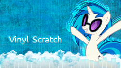 Size: 1920x1080 | Tagged: safe, artist:ewized, derpibooru import, dj pon-3, vinyl scratch, pony, unicorn, female, hooves, horn, mare, smiling, solo, sunglasses, teeth, text, vector, wallpaper