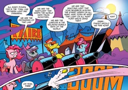 Size: 1379x974 | Tagged: safe, artist:andypriceart, idw, carrot cake, cup cake, maud pie, pinkie pie, earth pony, pony, siege of the crystal empire, spoiler:comic, spoiler:comic37, cannon, comic, female, male, mare, official comic, party cannon, stallion