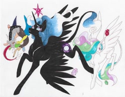 Size: 811x630 | Tagged: safe, artist:frozensoulpony, discord, princess celestia, princess luna, alicorn, draconequus, pony, alternate design, alternate universe, elements of harmony, nightmare luna, traditional art