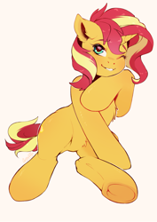 Size: 2481x3508 | Tagged: safe, artist:ginjallegra, sunset shimmer, pony, unicorn, belly fluff, chest fluff, cute, ear fluff, female, looking at you, mare, one eye closed, shimmerbetes, simple background, smiling, solo