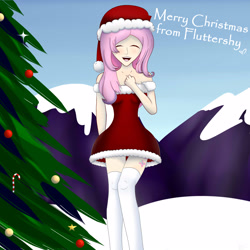 Size: 3555x3555 | Tagged: safe, artist:emerlees, fluttershy, human, christmas, clothes, cute, cutie mark, humanized, sexy, smiling, snow, socks, solo