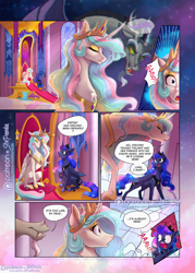 Size: 1200x1675 | Tagged: safe, artist:stepandy, discord, princess celestia, princess luna, alicorn, pony, comic:mark of chaos, chibi, comic, crown, curved horn, dialogue, eyes closed, eyeshadow, facial hair, fangs, female, goatee, jewelry, makeup, mare, regalia, royal sisters, sitting, speech bubble, throne, unshorn fetlocks