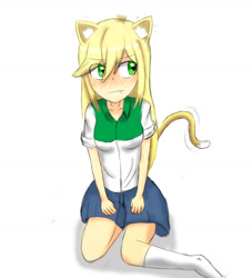 Size: 1150x1267 | Tagged: safe, artist:jumboz95, applejack, human, applecat, blushing, catgirl, clothes, denim skirt, eared humanization, equestria girls outfit, fangs, humanized, skirt, socks, solo, tailed humanization