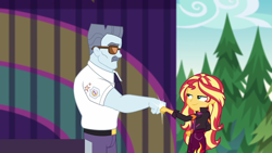 Size: 1920x1080 | Tagged: safe, screencap, max steele, sunset shimmer, better together, equestria girls, sunset's backstage pass!, female, fist bump, male, outdoors, pine tree, security guard, sunglasses, tree