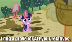 Size: 931x543 | Tagged: safe, screencap, applejack, twilight sparkle, twilight sparkle (alicorn), alicorn, earth pony, pony, fanfic:sweet apple massacre, castle sweet castle, caption, dark comedy, fanfic, fanfic art, female, grave, image macro, mare, meme, shovel, sweet apple acres