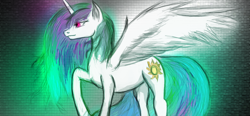 Size: 1366x632 | Tagged: safe, artist:zidanemina, princess celestia, alicorn, pony, raised hoof, solo, spread wings, wings