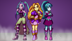 Size: 1600x900 | Tagged: safe, artist:gabbslines, derpibooru import, adagio dazzle, aria blaze, sonata dusk, equestria girls, rainbow rocks, bare shoulders, boots, clothes, dress, group, jewelry, microphone, necklace, pantyhose, pendant, pigtails, ponytail, signature, skirt, sleeveless, spikes, striped pantyhose, the dazzlings, trio