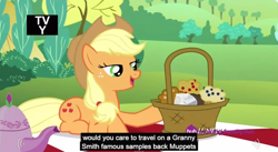 Size: 850x467 | Tagged: safe, screencap, applejack, earth pony, pony, maud pie (episode), meme, muffin, the muppets, youtube caption