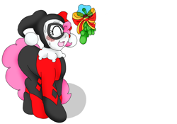 Size: 2172x1517 | Tagged: safe, artist:blackbewhite2k7, edit, pinkie pie, earth pony, pony, blushing, crossover, harley quinn, mistletoe, solo