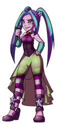 Size: 1932x4092 | Tagged: safe, artist:gabbslines, derpibooru import, aria blaze, equestria girls, absurd resolution, boots, clothes, jewelry, microphone, necklace, pantyhose, pendant, pigtails, skirt, sleeveless, solo, striped pantyhose