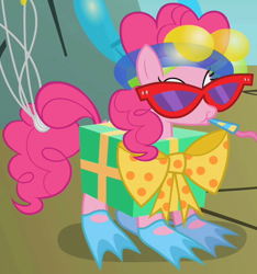 Size: 514x550 | Tagged: safe, screencap, pinkie pie, earth pony, pony, dragonshy, balloon, bow, clothes, costume, cropped, female, flippers, mare, outfit catalog, party horn, present, solo, sunglasses