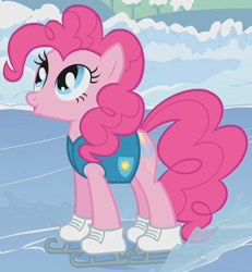 Size: 418x452 | Tagged: safe, screencap, pinkie pie, earth pony, pony, winter wrap up, clothes, cropped, female, ice skates, mare, outfit catalog, solo, vest, weather team, winter wrap up vest