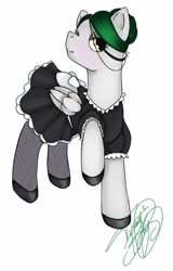 Size: 499x782 | Tagged: safe, artist:nightingale rosemary, derpibooru import, oc, oc only, oc:nightingale rosemary, pegasus, pony, blushing, clothes, dress, fishnet stockings, maid, pantyhose, shoes, solo