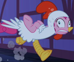 Size: 721x599 | Tagged: safe, screencap, pinkie pie, chicken, earth pony, pony, luna eclipsed, animal costume, bipedal, bird costume, chicken pie, chicken suit, clothes, costume, cropped, female, mare, outfit catalog, solo