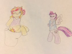 Size: 1280x956 | Tagged: safe, artist:snipiper, sunset shimmer, twilight sparkle, twilight sparkle (alicorn), alicorn, pony, unicorn, bipedal, but why, clothes, female, magic, simple background, toilet, traditional art