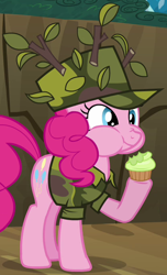 Size: 418x686 | Tagged: safe, screencap, pinkie pie, earth pony, pony, dragon quest, camouflage, chewing, clothes, cropped, cupcake, eating, female, food, hat, mare, outfit catalog, puffy cheeks, shirt, solo