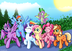 Size: 3508x2480 | Tagged: safe, artist:asinglepetal, derpibooru import, applejack, fluttershy, pinkie pie, rainbow dash, rarity, spike, twilight sparkle, twilight sparkle (alicorn), alicorn, dragon, earth pony, pegasus, pony, unicorn, end of ponies, female, male, mane seven, mane six, mare, winged spike