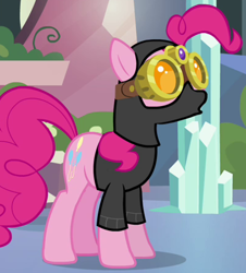 Size: 400x443 | Tagged: safe, screencap, pinkie pie, earth pony, pony, the crystal empire, agent, clothes, costume, disguise, goggles, outfit catalog, pinkie spy, solo, spy