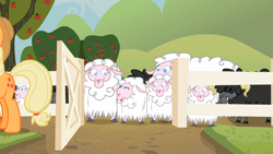 Size: 1366x768 | Tagged: safe, screencap, applejack, earth pony, pony, sheep, sisterhooves social, black sheep, female, fence, mare