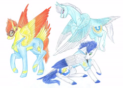 Size: 6360x4576 | Tagged: safe, artist:dawn22eagle, derpibooru import, fleetfoot, soarin', spitfire, pegasus, pony, absurd resolution, female, male, shipping, soarinfire, straight, tail feathers, traditional art, wonderbolts, wonderbolts uniform