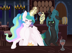 Size: 1024x755 | Tagged: safe, artist:absolutecactus, princess celestia, queen chrysalis, alicorn, changeling, changeling queen, pony, alcohol, alternate hairstyle, annoyed, bar, blushing, chest fluff, drunk, drunk celestia, drunklestia, female, floppy ears, fluffy, frown, glass, grin, levitation, lidded eyes, magic, mare, next generation, nextgen:entroverse, one eye closed, ponytail, smiling, telekinesis, unamused, wine, wine glass, wink