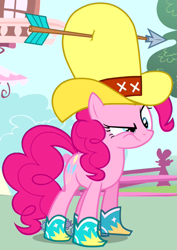 Size: 467x661 | Tagged: safe, screencap, pinkie pie, earth pony, pony, pinkie pride, boots, cowboy boots, hat, outfit catalog, solo