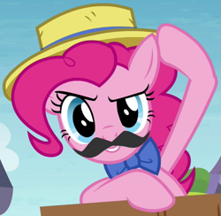 Size: 509x496 | Tagged: safe, screencap, pinkie pie, earth pony, pony, trade ya, bowtie, fake moustache, hat, outfit catalog, solo