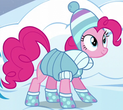 Size: 510x454 | Tagged: safe, screencap, pinkie pie, earth pony, pony, tanks for the memories, boots, clothes, cropped, female, hat, mare, outfit catalog, solo, sweater
