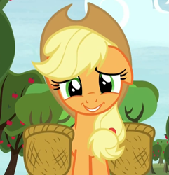 Size: 953x989 | Tagged: safe, screencap, applejack, earth pony, pony, castle sweet castle, cute, female, floppy ears, grin, jackabetes, looking at you, mare, reaction image, smiling, solo