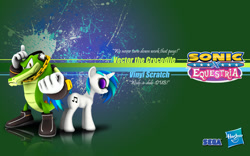 Size: 1920x1200 | Tagged: safe, artist:fuzon-s, artist:hashbro, derpibooru import, dj pon-3, vinyl scratch, pony, unicorn, crossover, sonic the hedgehog (series), vector the crocodile, wallpaper