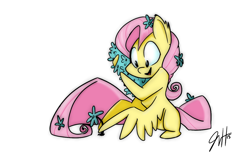 Size: 1280x801 | Tagged: safe, artist:fluttershythekind, artist:josephvonhazard, color edit, edit, fluttershy, pegasus, pony, colored, cute, flower, shyabetes, simple background, smiling, solo, white background, wing hands, wing hold