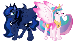 Size: 1024x576 | Tagged: safe, artist:usagi-zakura, princess celestia, princess luna, wolf, my little wolf, species swap