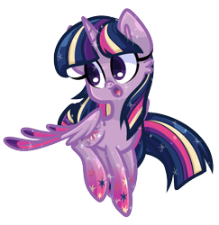 Size: 882x908 | Tagged: safe, artist:looji, derpibooru import, twilight sparkle, twilight sparkle (alicorn), alicorn, pony, cute, female, flying, looking back, mare, open mouth, rainbow power, smiling, solo, sparkles, spread wings