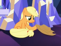 Size: 547x419 | Tagged: safe, screencap, applejack, earth pony, pony, castle sweet castle, female, frown, hat, mare, reaction image, sad, sitting, solo