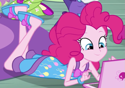 Size: 527x372 | Tagged: safe, screencap, pinkie pie, equestria girls, rainbow rocks, clothes, computer, cropped, laptop computer, outfit catalog, pajamas, slippers, solo