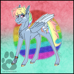 Size: 2425x2431 | Tagged: safe, artist:karsithedog, derpibooru import, part of a set, rainbow dash, pegasus, pony, abstract background, bracelet, chest fluff, cloven hooves, coat markings, cutie mark, ear piercing, earring, female, freckles, jewelry, looking at you, mare, necklace, piercing, redesign, smiling, solo, tail feathers, torn ear