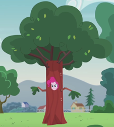 Size: 940x1038 | Tagged: safe, screencap, pinkie pie, equestria girls, friendship games, pinkie spy (short), clothes, costume, disguise, outfit catalog, solo, tree