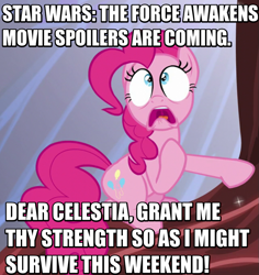 Size: 785x832 | Tagged: safe, screencap, pinkie pie, earth pony, pony, the one where pinkie pie knows, celestia worship, golden oaks chandelier, hyperventilating, image macro, implied princess celestia, meme, panic, prayer, solo, spoilers in the comments, star wars, star wars: the force awakens, text, twilight's castle