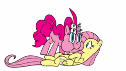 Size: 1280x720 | Tagged: safe, artist:thex-plotion, fluttershy, pinkie pie, earth pony, pegasus, pony, body horror, eldritch abomination, great moments in animation, imminent tickles, on back, puffy cheeks, smear frame, wat