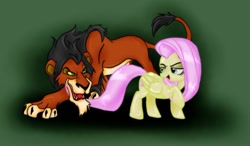 Size: 900x525 | Tagged: safe, artist:gddisgrace, fluttershy, big cat, lion, pegasus, pony, african lion, crossover, duo, female, flutterbitch, green background, male, mare, scar (the lion king), simple background, the lion king