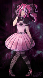 Size: 1000x1800 | Tagged: safe, artist:kikirdcz, derpibooru import, pinkie pie, human, clothes, gloves, gothic pinkie, high heels, humanized, pantyhose, pinkie pie's boutique, shoes, signature, skirt, smiling, solo, stockings