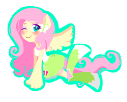 Size: 1280x1024 | Tagged: safe, artist:prairiedennis, fluttershy, equestria girls, blushing, boots, clothes, ponied up, skirt, socks, solo, tanktop, wink