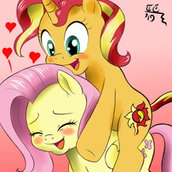 Size: 2000x2000 | Tagged: safe, artist:tomtornados, fluttershy, sunset shimmer, pegasus, pony, unicorn, blushing, cute, eyes closed, female, gradient background, happy, heart, lesbian, mare, open mouth, piggyback ride, ponies riding ponies, riding, shimmerbetes, shipping, shyabetes, sunshyne, underhoof